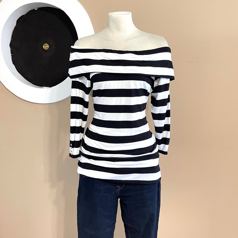 WHBM Off-Shoulder Striped Knit Top – Size Large, Tall-Friendly Fit - Picture 3 of 13